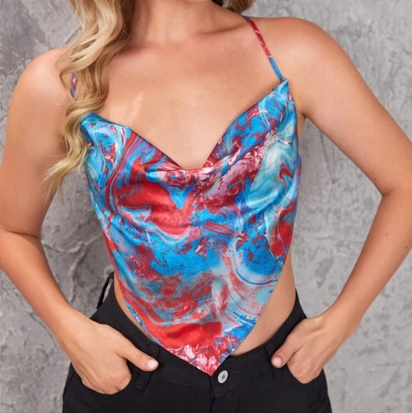 Marble Print Tie Backless Cowl Neck Crop Cami Top NWT - Picture 2 of 5